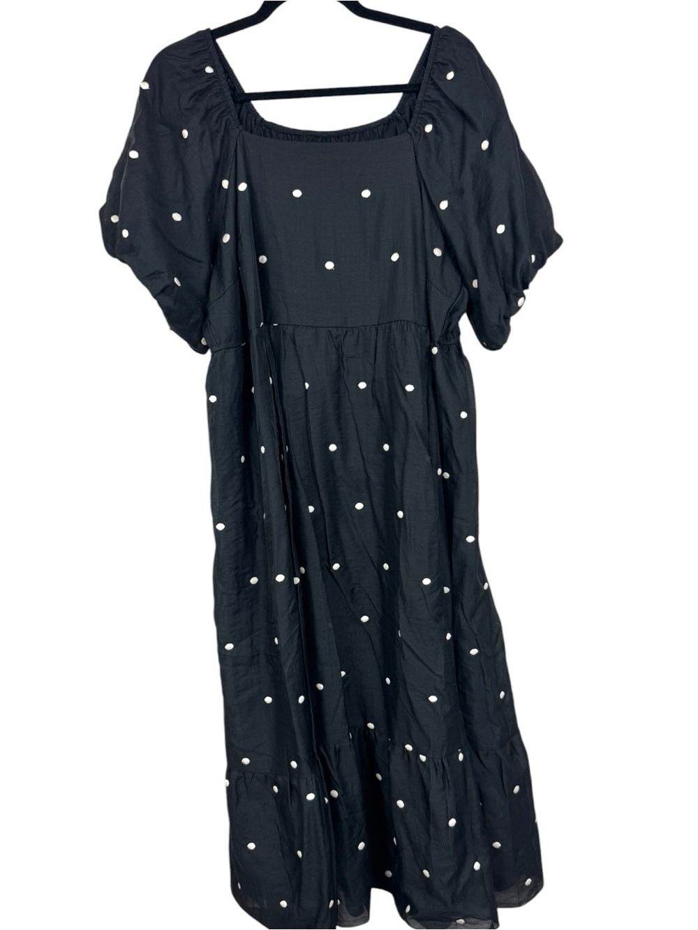 polagram Black White Polka Dot Puff-Sleeve tiered  Midi Dress 1X